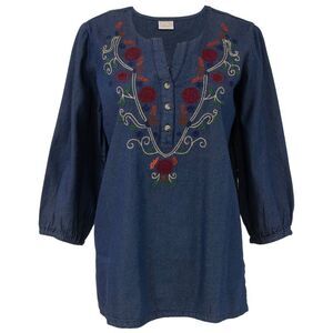 Canyon Sky Women's Embroidered Denim Long Sleeve Peasant Shirt in Blue, Large
